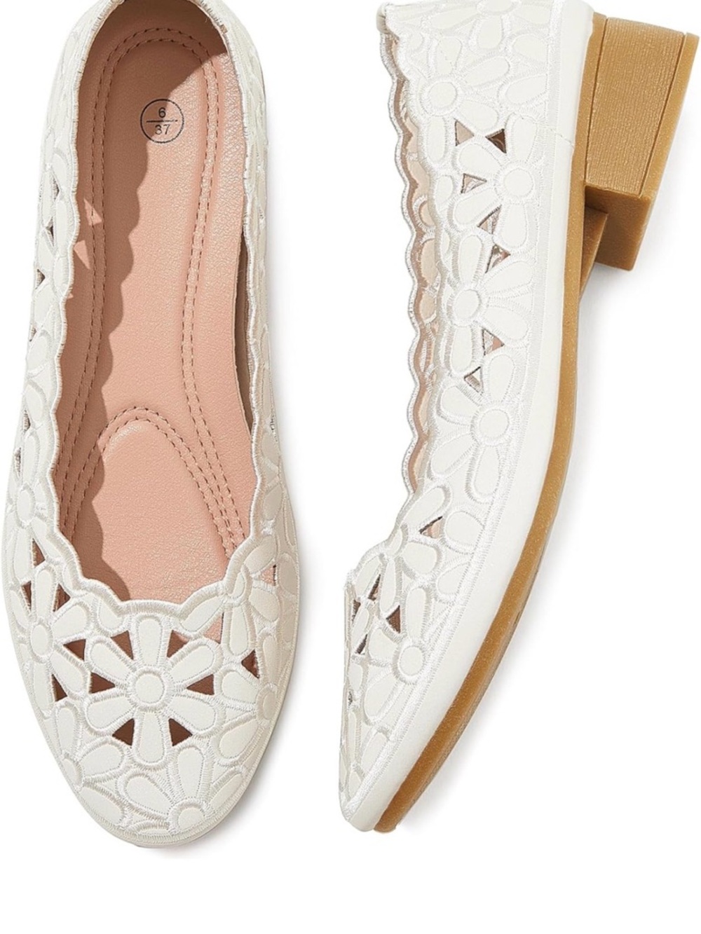 Women’s White Floral Cutout Low Heel Flats